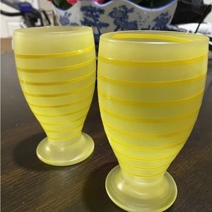 Yellow Satin Ribbed/Swirl Vintage Set of 2 Art GlassWater/Cocktail/Juice Glasses